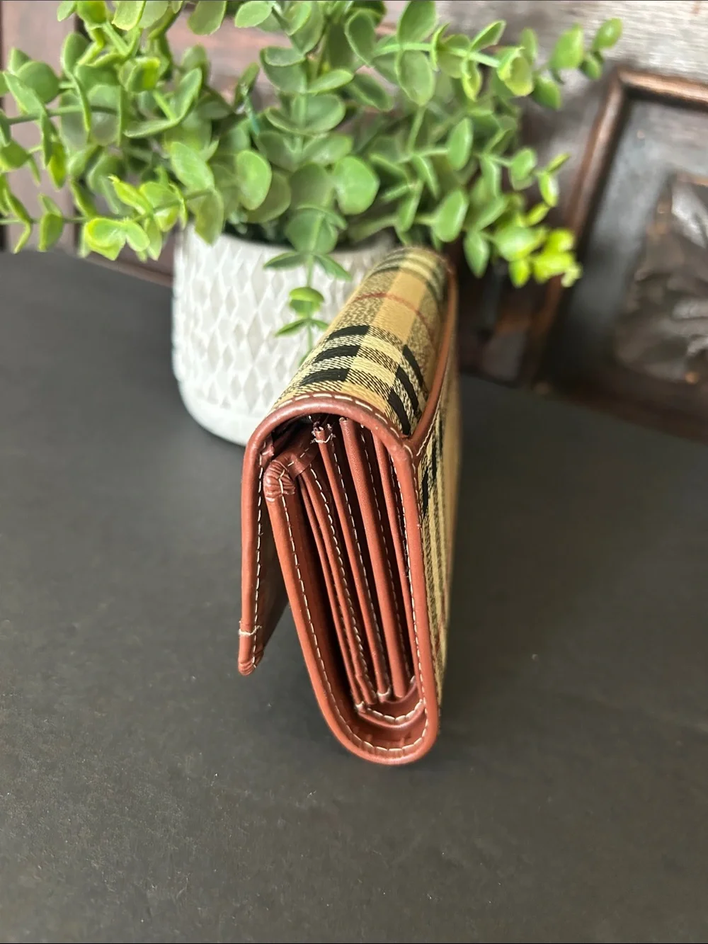 Beautiful Beige Check Trifold Key & Card Holder with Brown Trim